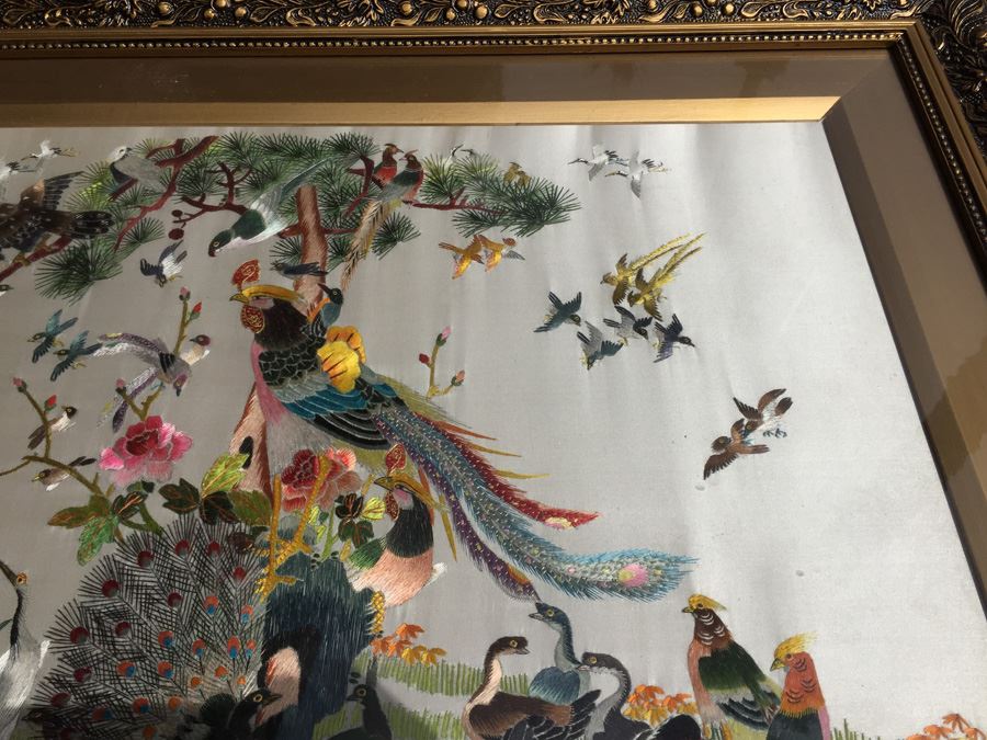 Signed Chinese Silk Embroidery Of Birds