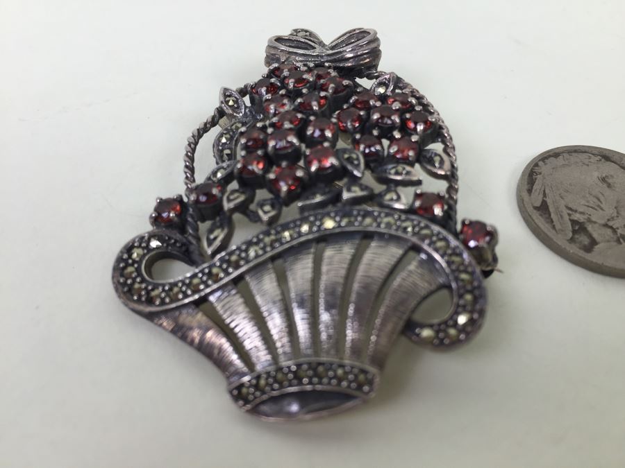 Sterling Silver Flower Basket Brooch Pin With Marcasites And Red Stones