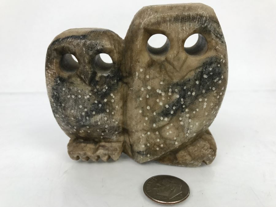 Mid Century Carved Stone Owls Sculpture