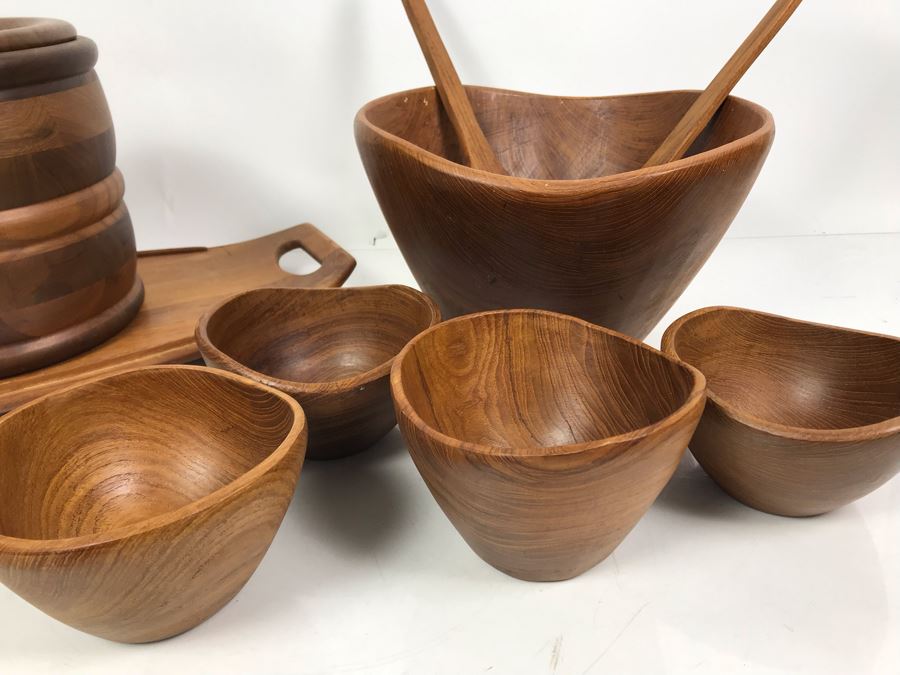 Vintage Wooden Salad Bowl Set Mid Century Solid Black Walnut Kustom