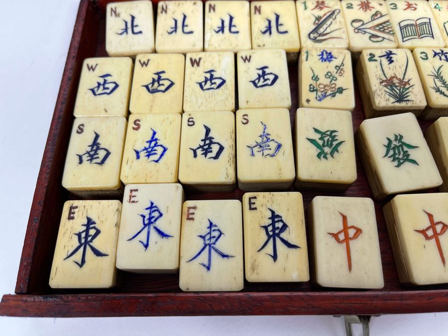 Vintage Chinese Mahjong Set Bamboo And Bone Tiles With Rosewood Wooden