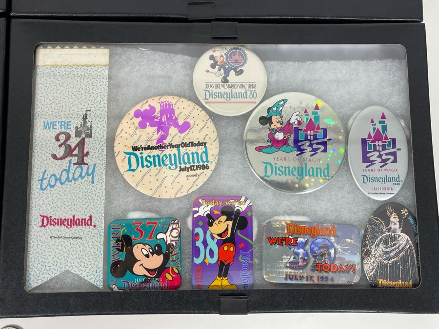 Disneyland Anniversary Buttons And Pin With Display Boxes