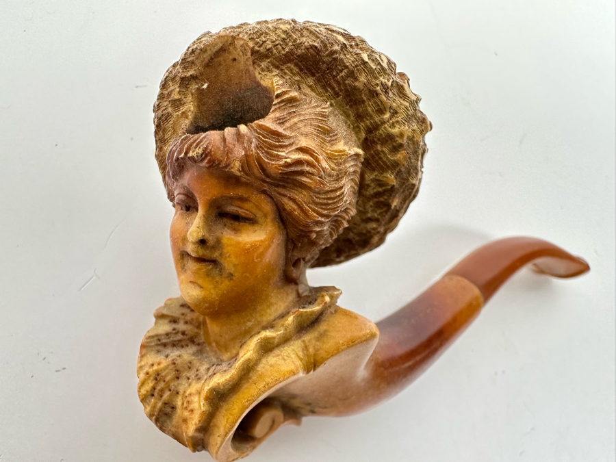 Victorian Carved Meerschaum Figural Woman S Head Pipe 4L