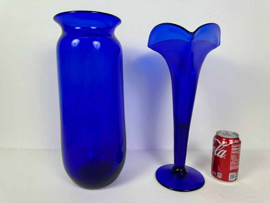 Pair Of Blue Blenko Art Glass Vases 15 5 H