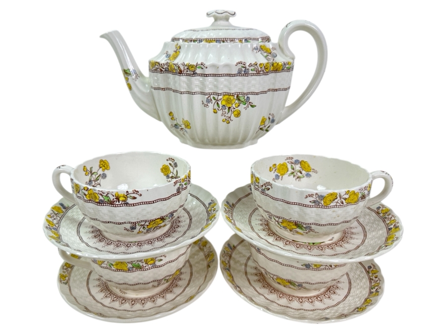 Spode Copeland England Buttercup Pattern Teapot And Four Cups Saucers