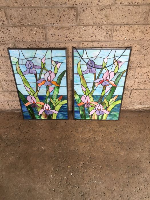 Pair Of Framed Stained Glass Windows Artwork With Chain For Hanging [Photo 1]