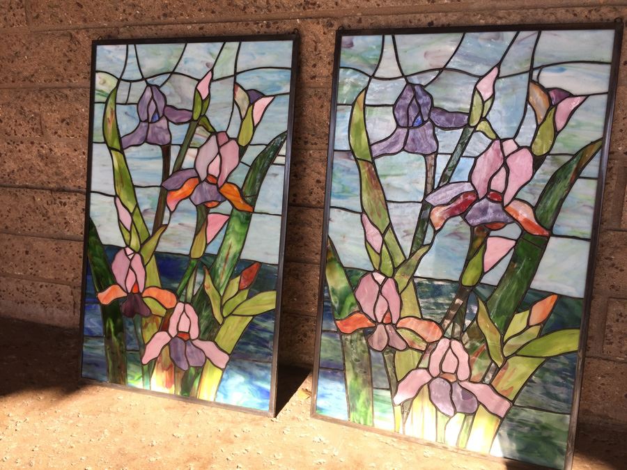 Pair Of Framed Stained Glass Windows Artwork With Chain For Hanging [Photo 2]