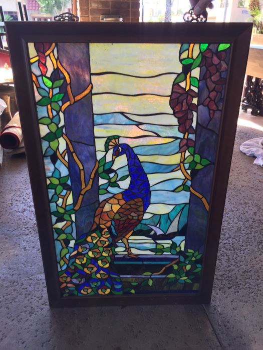 Beautiful Framed Tiffany-Style Stained Glass Peacock [Photo 3]