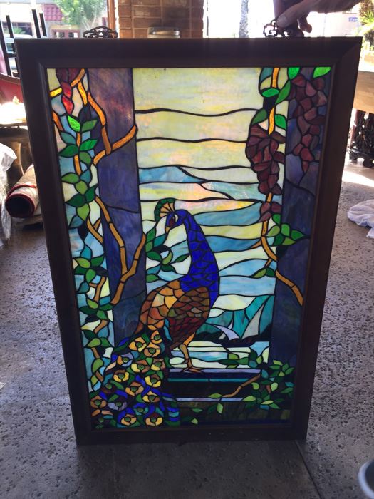 Beautiful Framed Tiffany-Style Stained Glass Peacock [Photo 1]