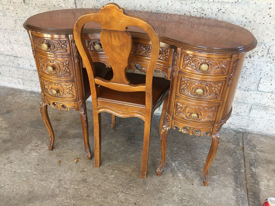 Antique Kidney Shaped Desk With Chair