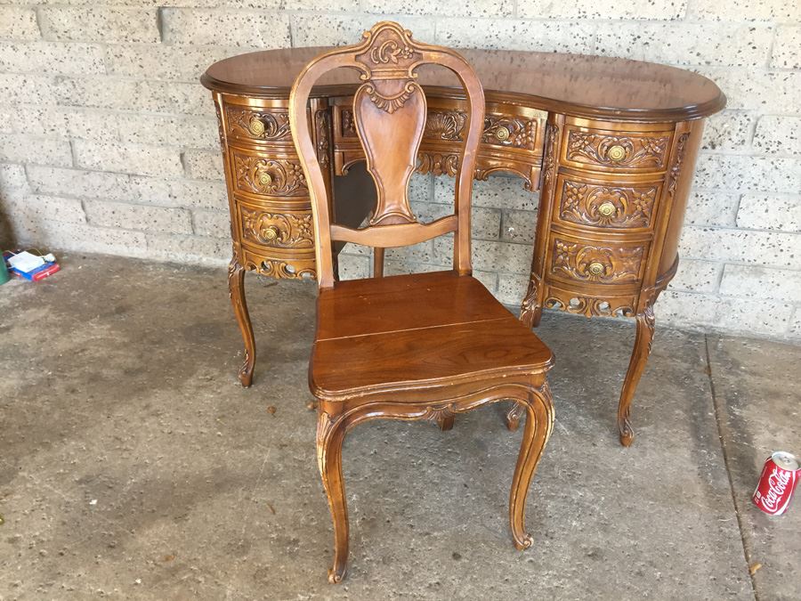 Antique Kidney Shaped Desk With Chair [Photo 3]