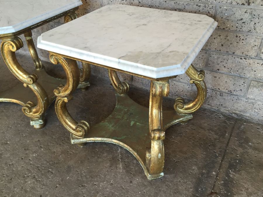 Pair Of Italian Gilded Marble Top Side Tables [Photo 2]