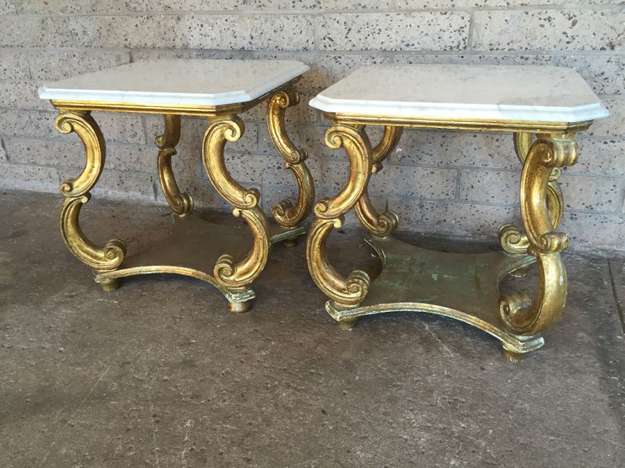 Pair Of Italian Gilded Marble Top Side Tables [Photo 5]