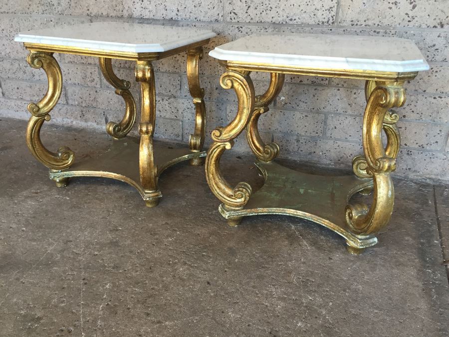 Pair Of Italian Gilded Marble Top Side Tables [Photo 4]