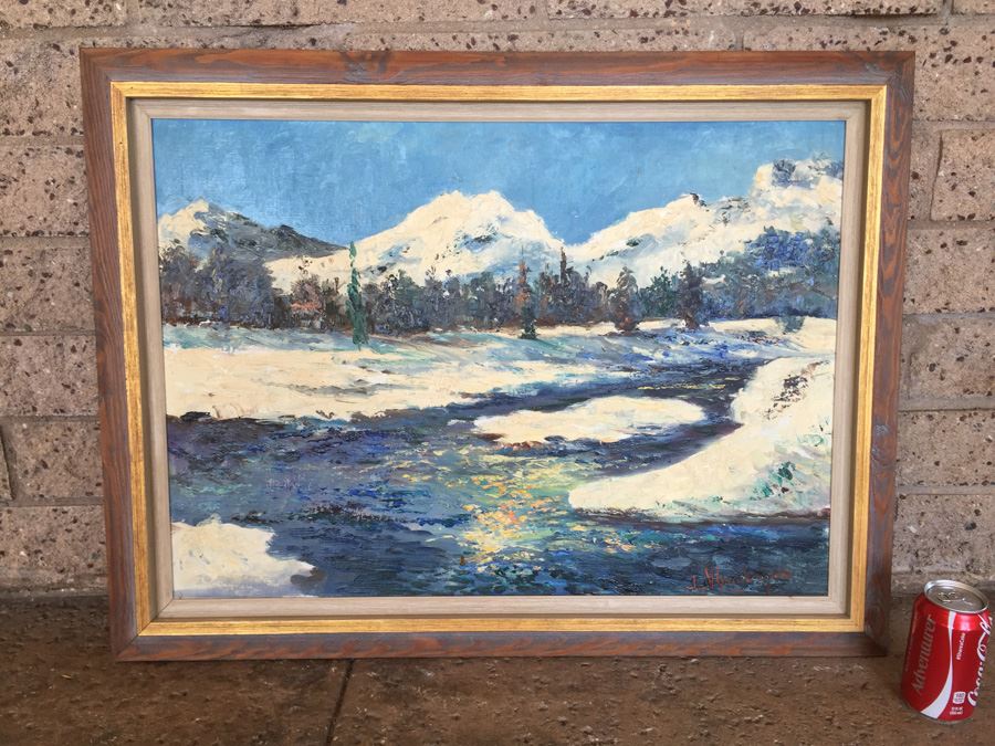 Abstract Mid-Century Oil Painting Of Mountain River Scene