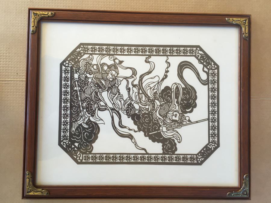 Framed Asian Black Paper Cutting Of Battle Scene [Photo 1]