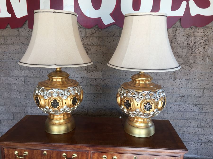 Pair Of Large Gilded Lamps (Light Internally As Well) [Photo 1]