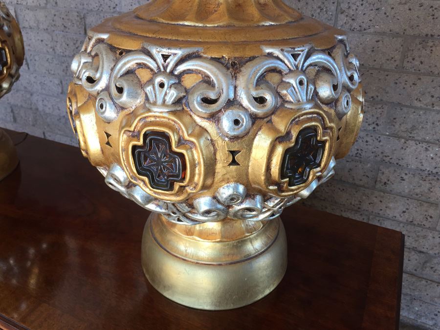 Pair Of Large Gilded Lamps (Light Internally As Well) [Photo 2]
