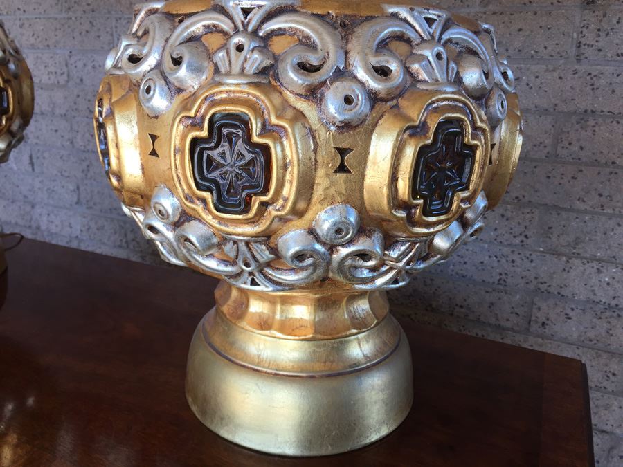 Pair Of Large Gilded Lamps (Light Internally As Well) [Photo 6]