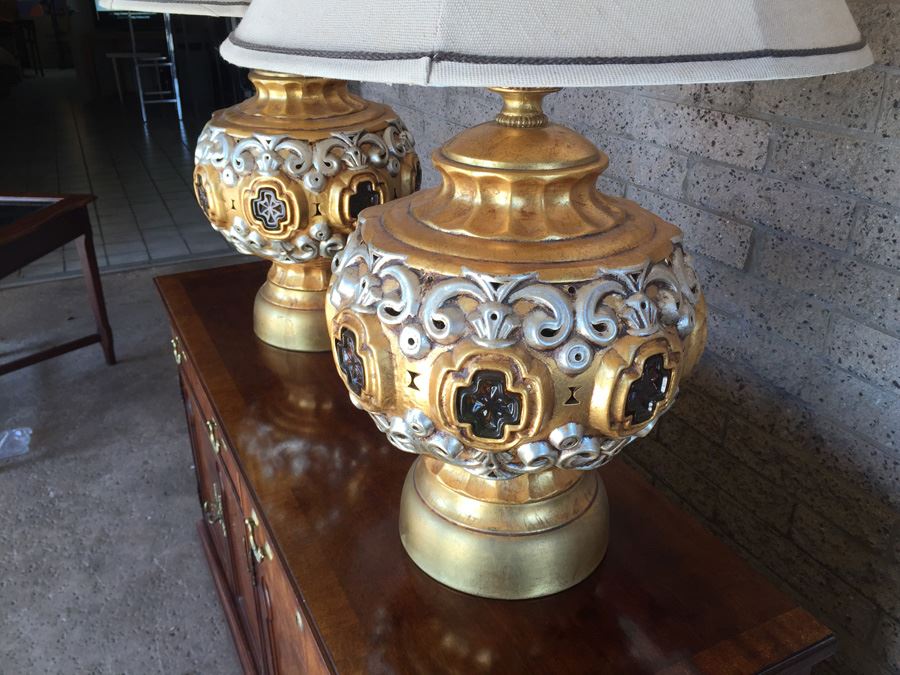 Pair Of Large Gilded Lamps (Light Internally As Well) [Photo 9]
