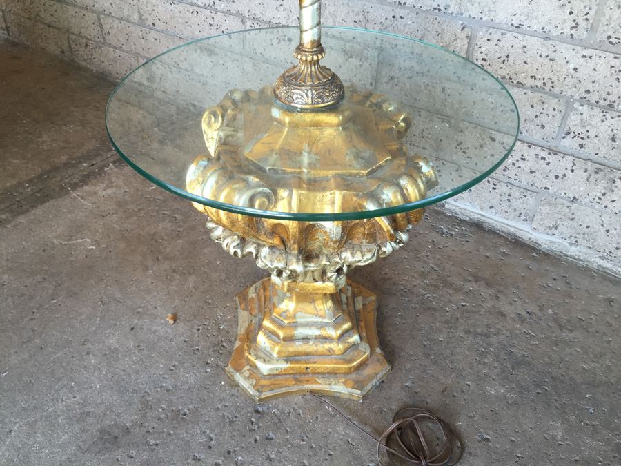 Gilded Floor Lamp With Glass Table Wood / Metal 1971 [Photo 5]