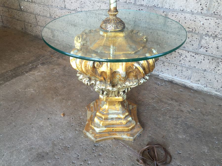 Gilded Floor Lamp With Glass Table Wood / Metal 1971 [Photo 2]