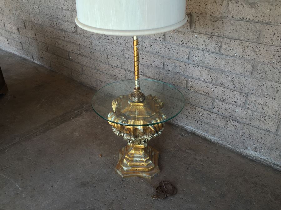 Gilded Floor Lamp With Glass Table Wood / Metal 1971 [Photo 9]