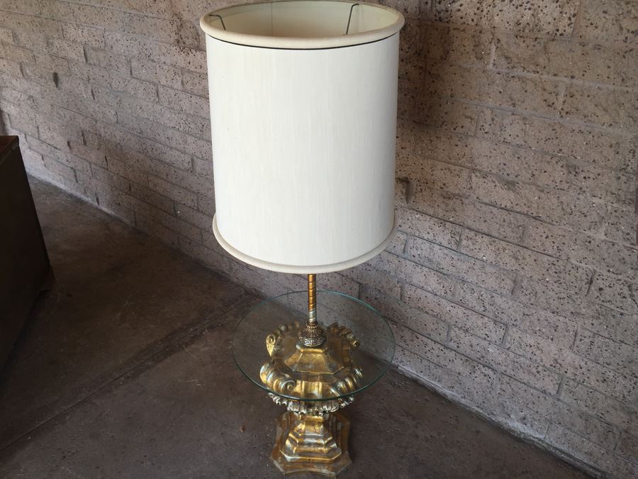 Gilded Floor Lamp With Glass Table Wood / Metal 1971 [Photo 8]