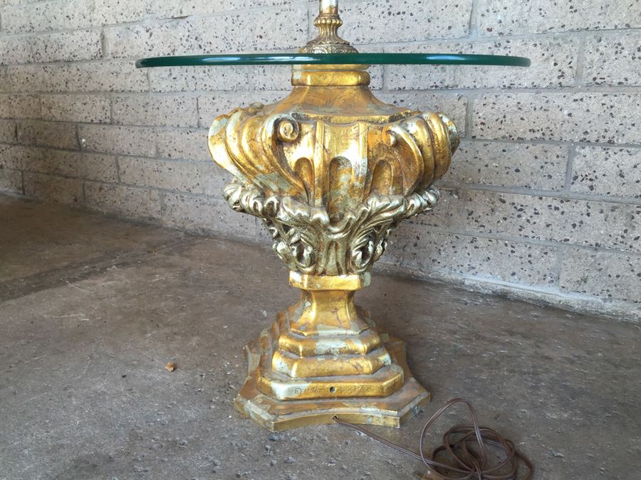 Gilded Floor Lamp With Glass Table Wood / Metal 1971 [Photo 3]