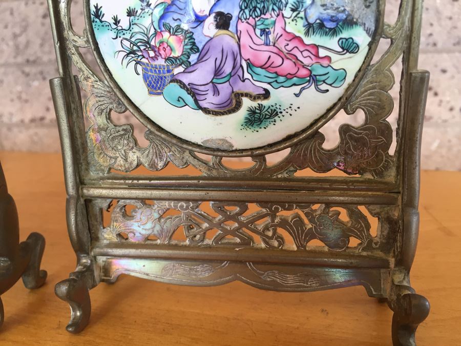 Pair Of Circular Porcelain Hand Painted Panels Framed In Brass (Brass Is Signed) [Photo 10]