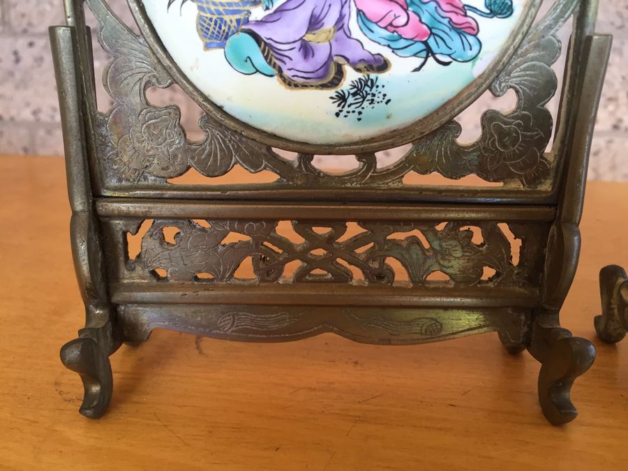 Pair Of Circular Porcelain Hand Painted Panels Framed In Brass (Brass Is Signed) [Photo 5]