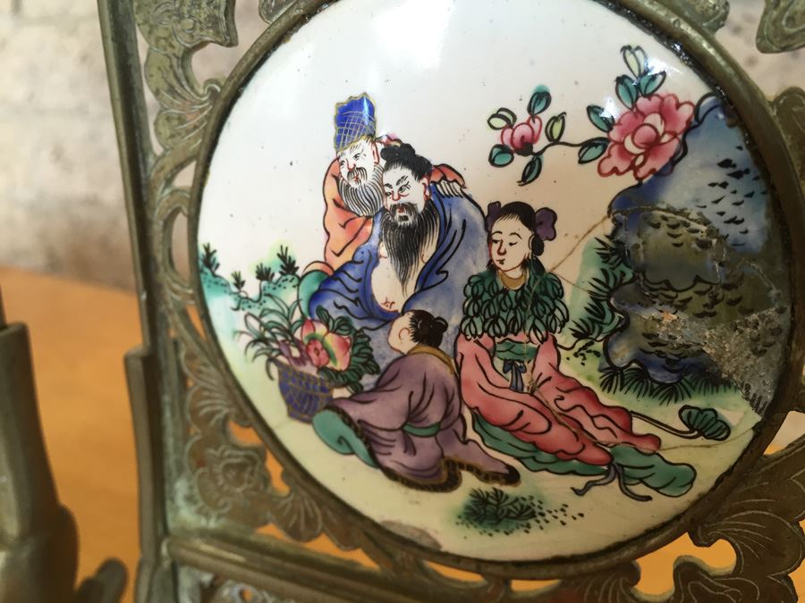 Pair Of Circular Porcelain Hand Painted Panels Framed In Brass (Brass Is Signed) [Photo 11]