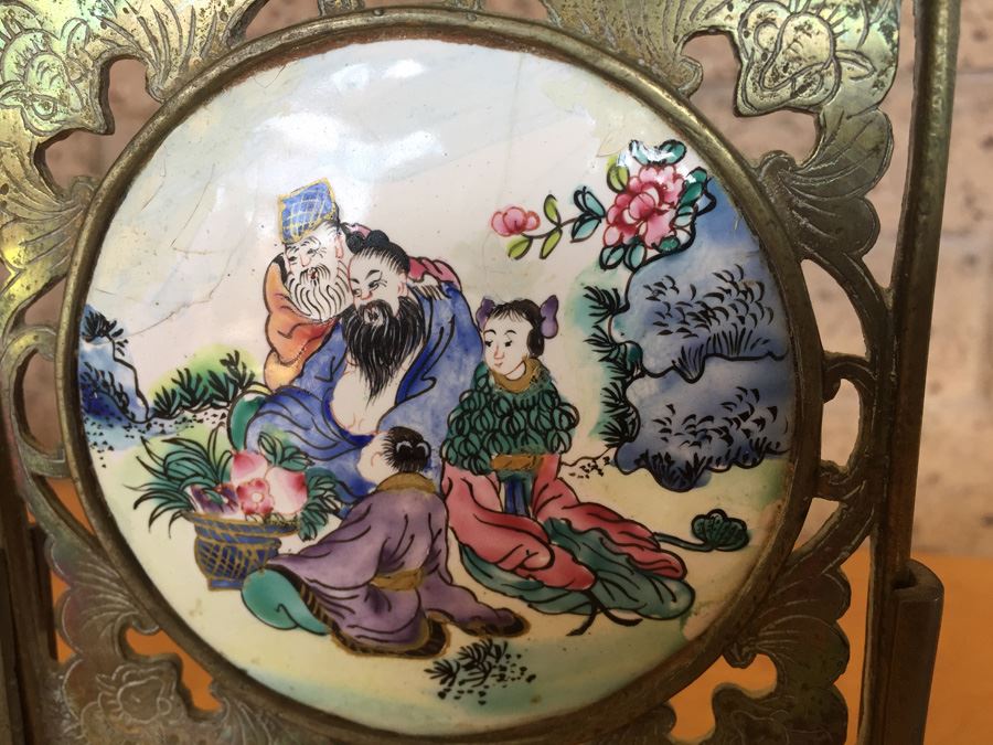 Pair Of Circular Porcelain Hand Painted Panels Framed In Brass (Brass Is Signed) [Photo 7]