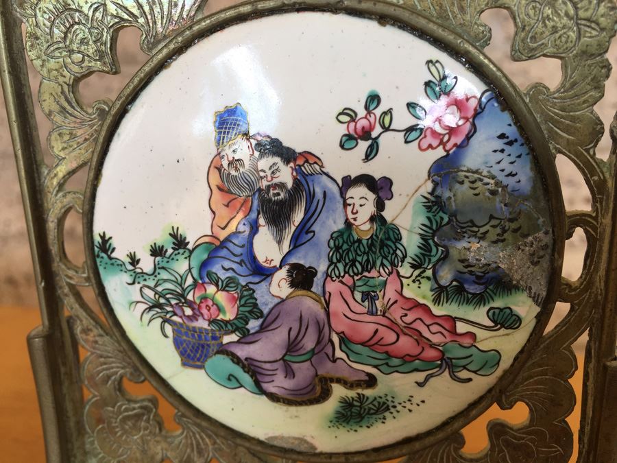 Pair Of Circular Porcelain Hand Painted Panels Framed In Brass (Brass Is Signed) [Photo 9]