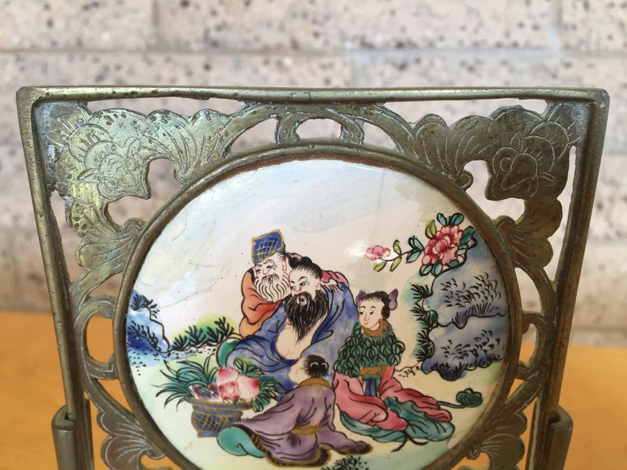 Pair Of Circular Porcelain Hand Painted Panels Framed In Brass (Brass Is Signed) [Photo 4]