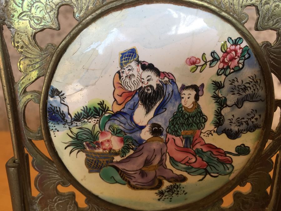 Pair Of Circular Porcelain Hand Painted Panels Framed In Brass (Brass Is Signed) [Photo 6]