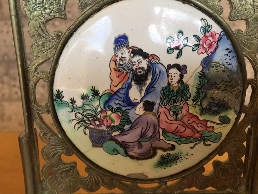 Pair Of Circular Porcelain Hand Painted Panels Framed In Brass (Brass Is Signed) [Photo 8]