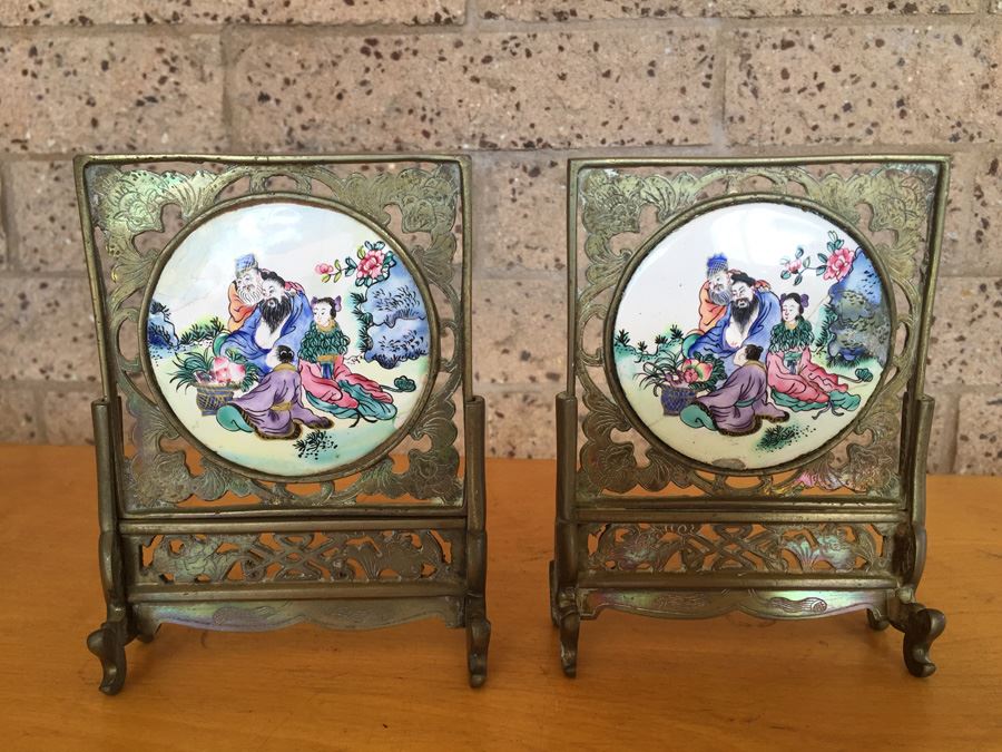 Pair Of Circular Porcelain Hand Painted Panels Framed In Brass (Brass Is Signed) [Photo 1]
