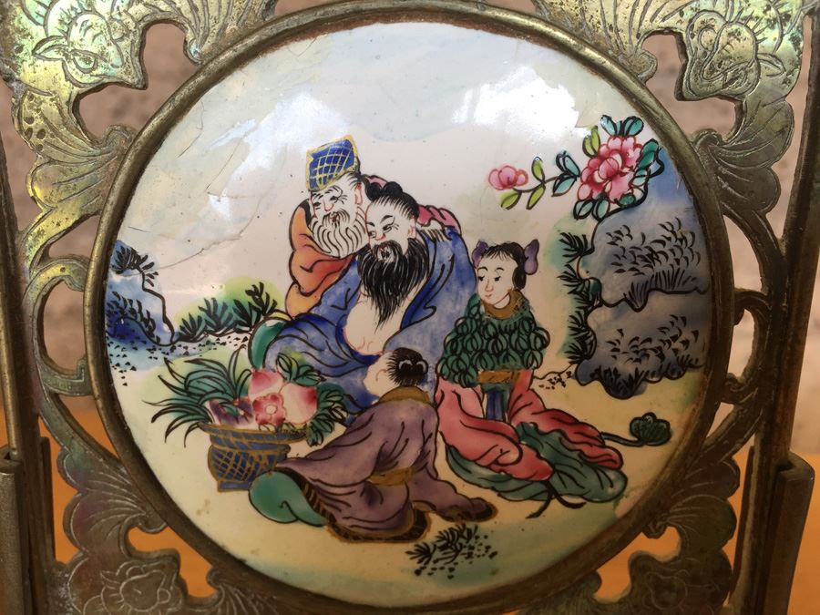 Pair Of Circular Porcelain Hand Painted Panels Framed In Brass (Brass Is Signed) [Photo 2]