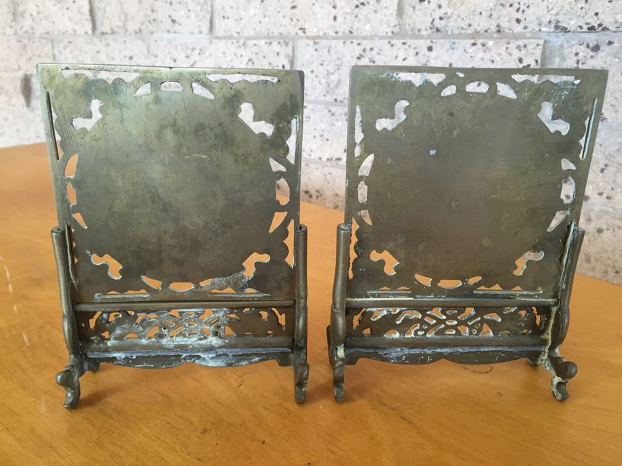 Pair Of Circular Porcelain Hand Painted Panels Framed In Brass (Brass Is Signed) [Photo 12]