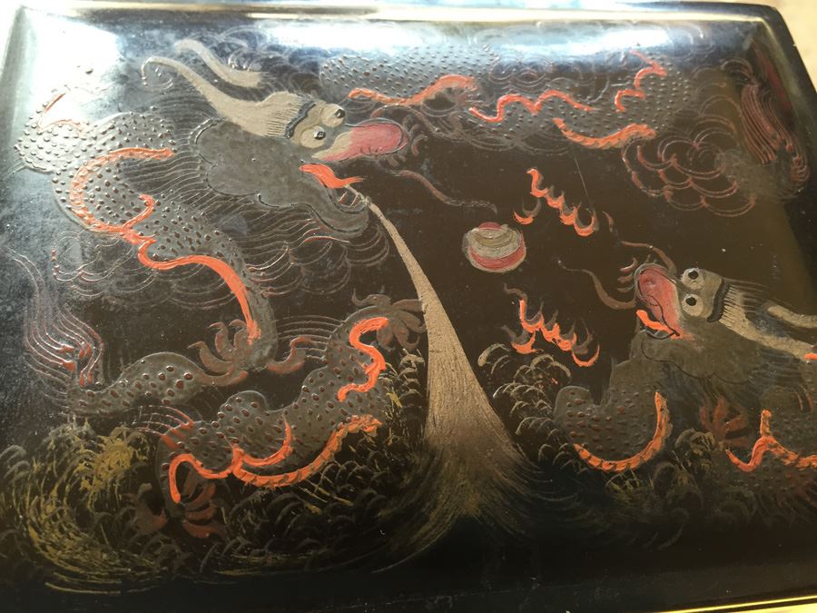 Chinese Diong Hing Foo Chow Black Lacquer Box With Dragons / Serpents [Photo 22]