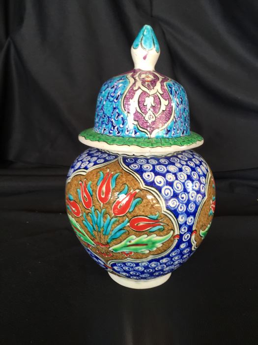 ORNATELY PAINTED CERAMIC LIDDED VESSEL FROM TURKEY-SIGNED [Photo 1]