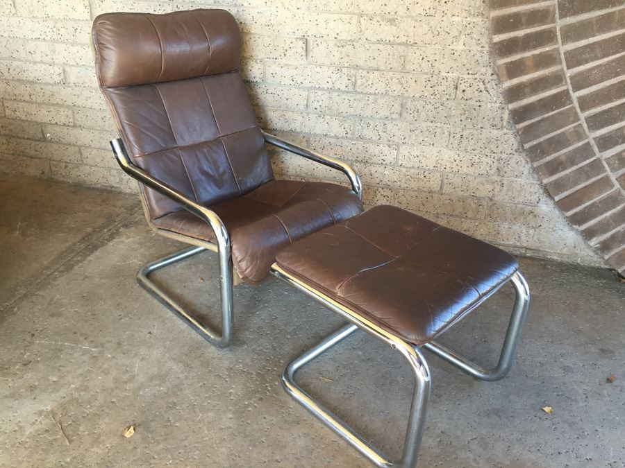 Brown Leather Chrome Chair With Ottoman [Photo 1]