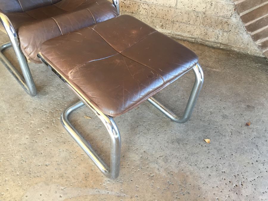 Brown Leather Chrome Chair With Ottoman [Photo 3]