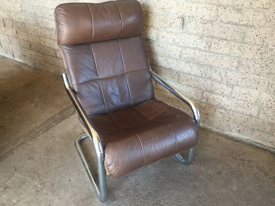Brown Leather Chrome Chair With Ottoman [Photo 6]