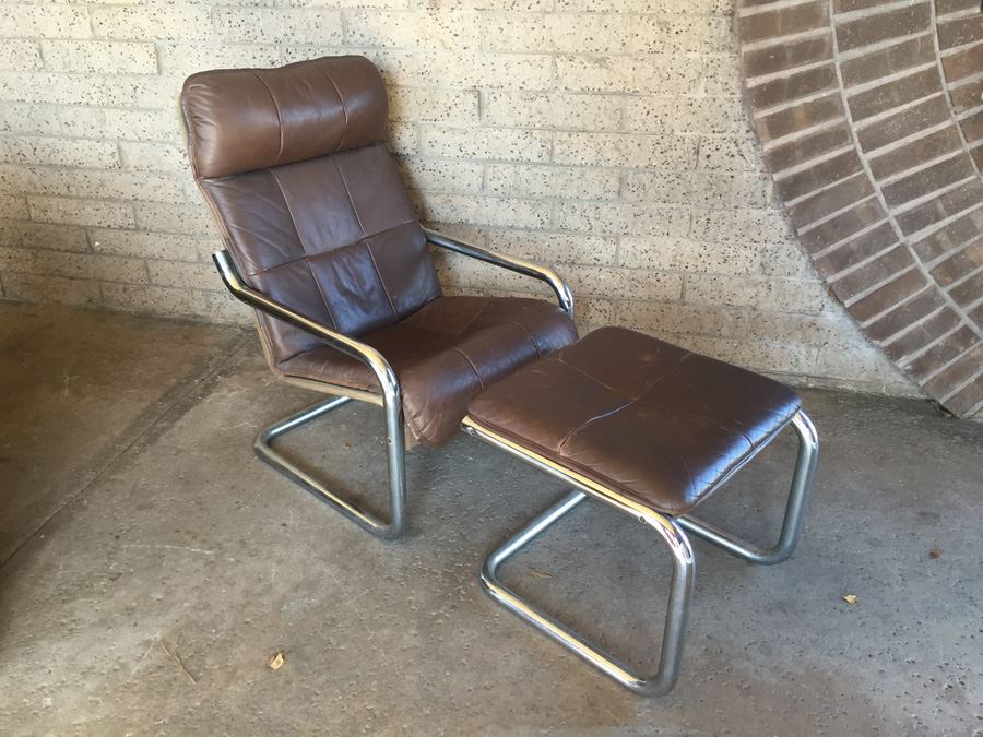 Brown Leather Chrome Chair With Ottoman [Photo 4]