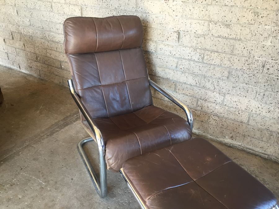 Brown Leather Chrome Chair With Ottoman [Photo 5]