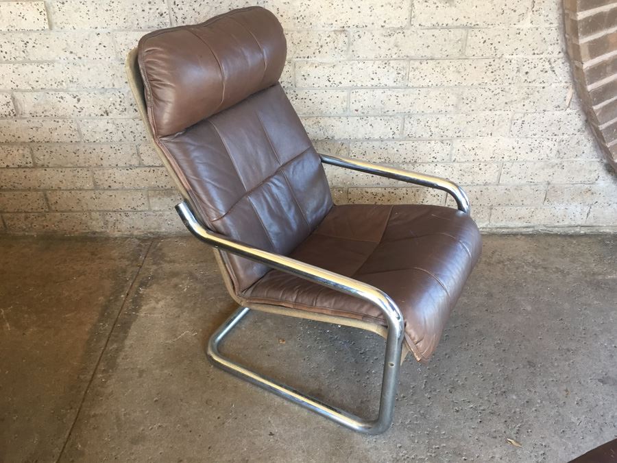 Brown Leather Chrome Chair With Ottoman [Photo 2]