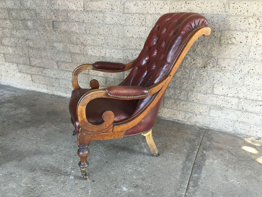 Antique Maroon Tufted Leather Chair On Casters [Photo 2]