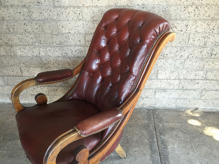 Antique Maroon Tufted Leather Chair On Casters [Photo 4]